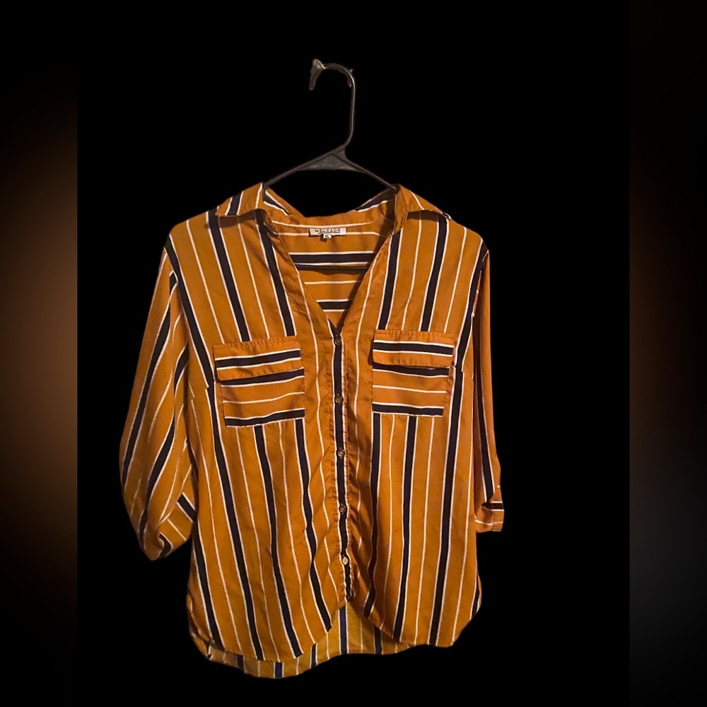 XL mustard colored shirt with, navy blue and white stripes on it